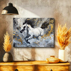 Yatay Kanvas Tablo Gri Akışkan Fon Altın Detaylı At Tablosu Ev Ofis Duvar Dekoru