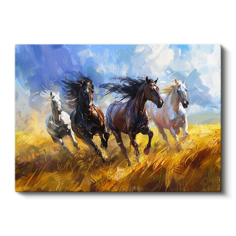 Yatay Kanvas Tablo Sarı Tarlada Dörtnala At Sürüsü Tablosu Ev Ofis Duvar Dekoru