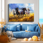 Yatay Kanvas Tablo Sarı Tarlada Dörtnala At Sürüsü Tablosu Ev Ofis Duvar Dekoru