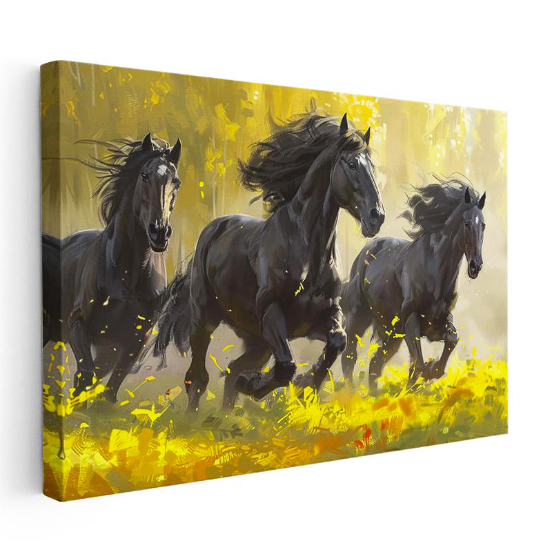 Yatay Kanvas Tablo Sarı Çiçekli Doğa Üç Siyah At Tablosu Ev Ofis Duvar Dekoru