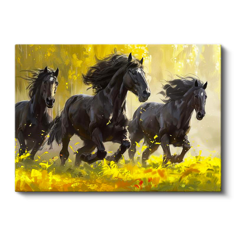 Yatay Kanvas Tablo Sarı Çiçekli Doğa Üç Siyah At Tablosu Ev Ofis Duvar Dekoru
