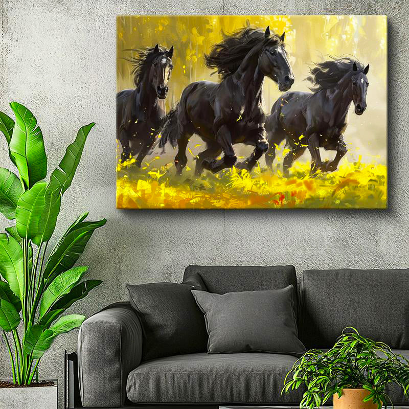 Yatay Kanvas Tablo Sarı Çiçekli Doğa Üç Siyah At Tablosu Ev Ofis Duvar Dekoru