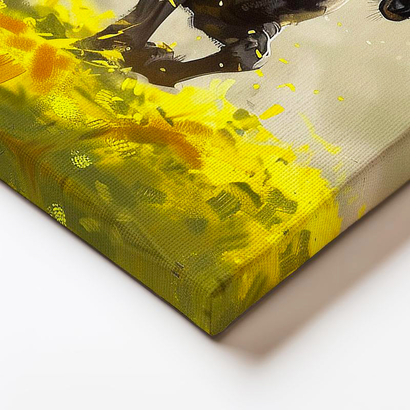 Yatay Kanvas Tablo Sarı Çiçekli Doğa Üç Siyah At Tablosu Ev Ofis Duvar Dekoru