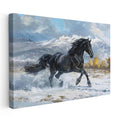 Yatay Kanvas Tablo Karlı Zemin Koşan Siyah At Tablosu Ev Ofis Duvar Dekoru