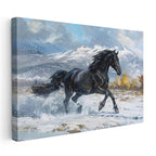 Yatay Kanvas Tablo Karlı Zemin Koşan Siyah At Tablosu Ev Ofis Duvar Dekoru