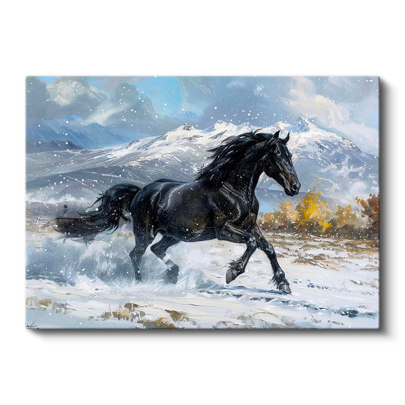 Yatay Kanvas Tablo Karlı Zemin Koşan Siyah At Tablosu Ev Ofis Duvar Dekoru