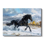 Yatay Kanvas Tablo Karlı Zemin Koşan Siyah At Tablosu Ev Ofis Duvar Dekoru