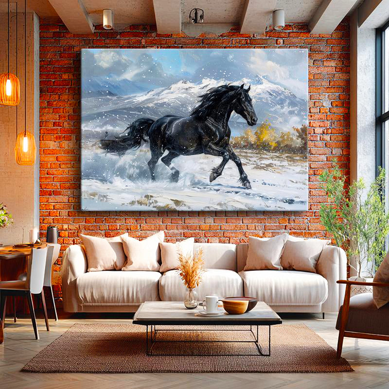 Yatay Kanvas Tablo Karlı Zemin Koşan Siyah At Tablosu Ev Ofis Duvar Dekoru