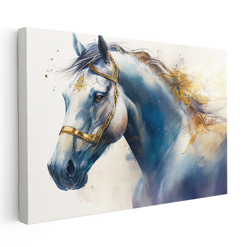 Yatay Kanvas Tablo Mavi Ve Altın Yaldız Boyalı At Tablosu Ev Ofis Duvar Dekoru