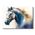 Yatay Kanvas Tablo Mavi Ve Altın Yaldız Boyalı At Tablosu Ev Ofis Duvar Dekoru