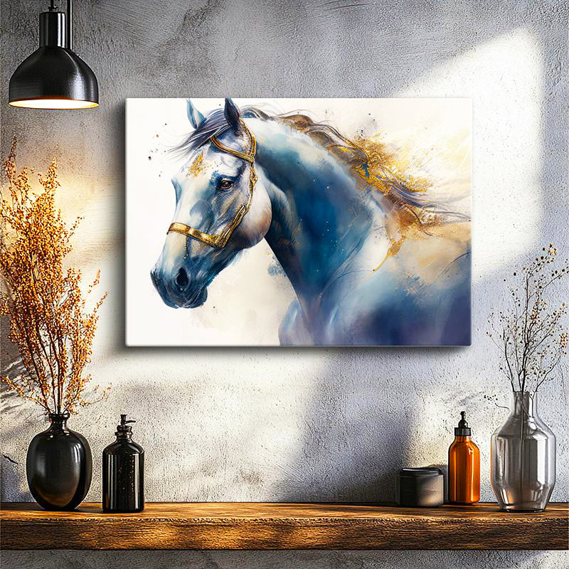 Yatay Kanvas Tablo Mavi Ve Altın Yaldız Boyalı At Tablosu Ev Ofis Duvar Dekoru