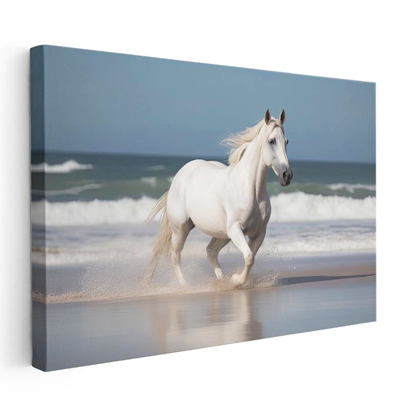 Yatay Kanvas Tablo Kumsal Kenarı Koşan Beyaz At Tablosu Ev Ofis Duvar Dekoru