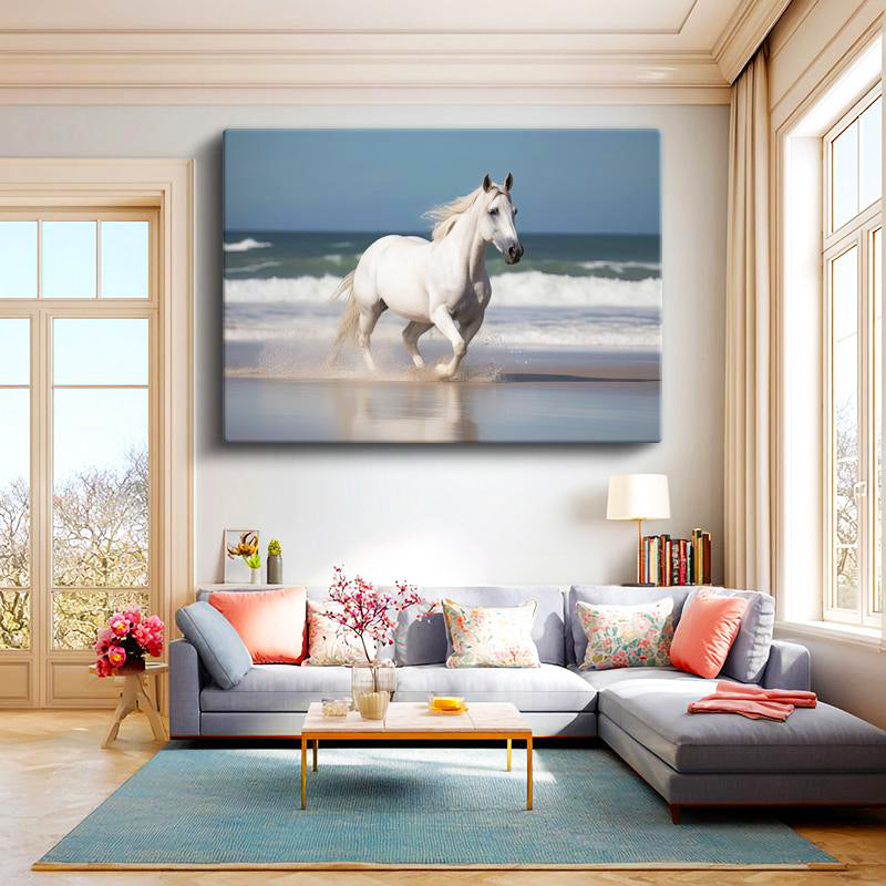 Yatay Kanvas Tablo Kumsal Kenarı Koşan Beyaz At Tablosu Ev Ofis Duvar Dekoru