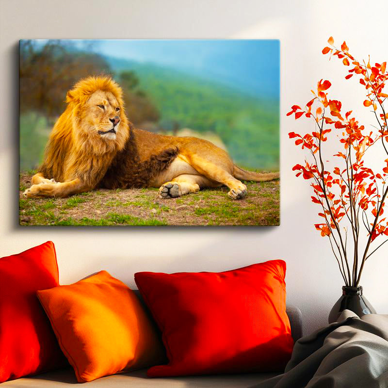 Yatay Kanvas Tablo Yeşil Çimen Zemin Aslan Portresi Aslan Tablosu Ev Ofis Duvar Dekoru