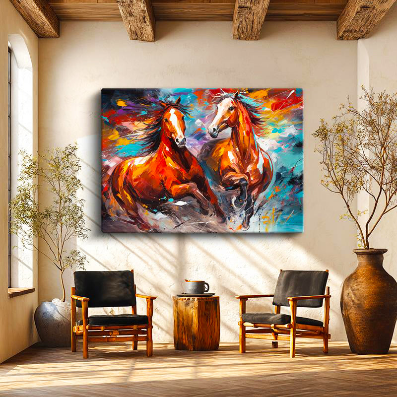 Yatay Kanvas Tablo Sanatsal Boyama Tekniği İkili At Tablosu Ev Ofis Duvar Dekoru