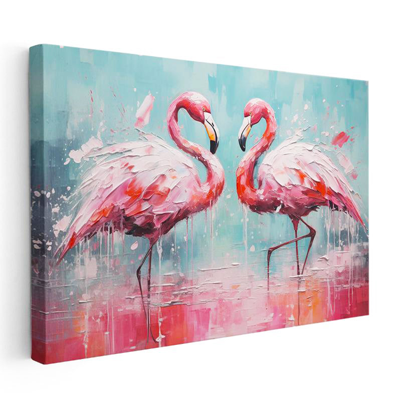 Yatay Kanvas Tablo Yağlı Boya Dokulu Sanatsal Flamingo Tablosu Ev Ofis Duvar Dekoru