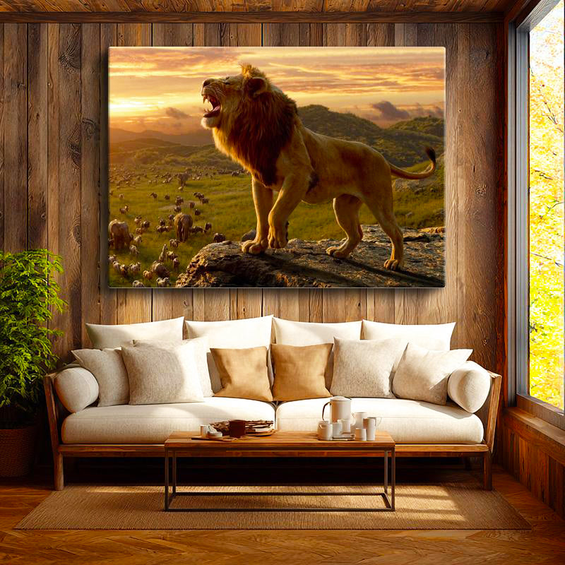 Yatay Kanvas Tablo Kayalık Üzeri Kral Aslan Tablosu Ev Ofis Duvar Dekoru