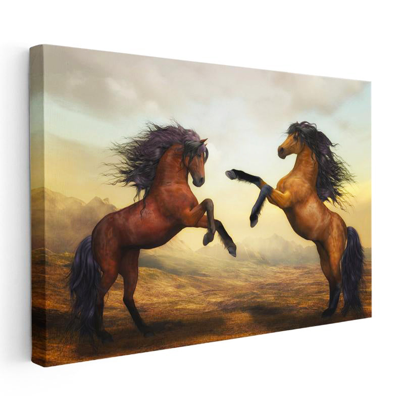 Yatay Kanvas Tablo Karşı Karşıya Vahşi Atlar At Tablosu Ev Ofis Duvar Dekoru