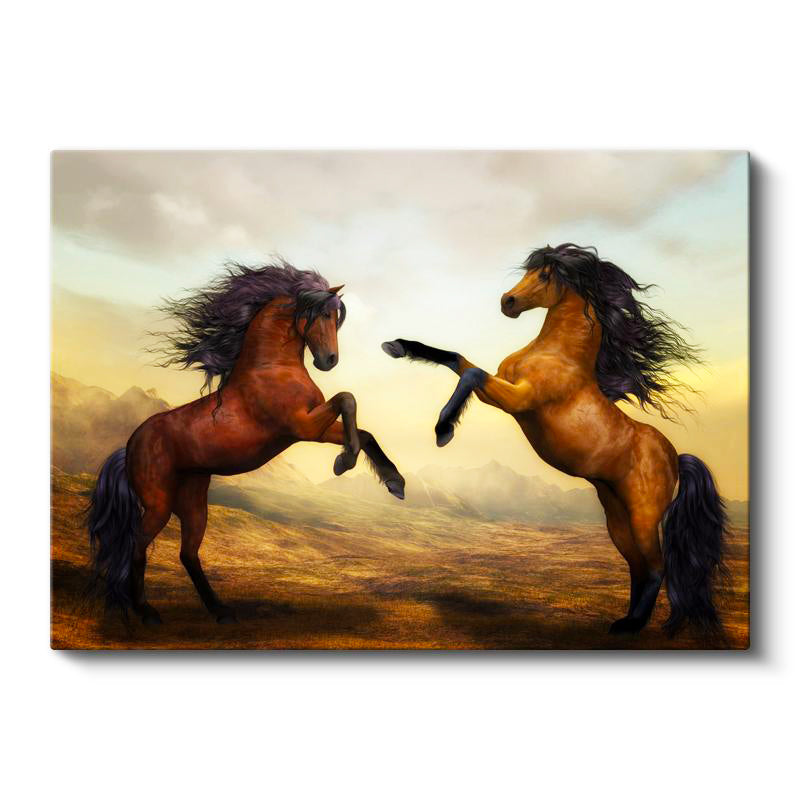 Yatay Kanvas Tablo Karşı Karşıya Vahşi Atlar At Tablosu Ev Ofis Duvar Dekoru