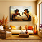 Yatay Kanvas Tablo Karşı Karşıya Vahşi Atlar At Tablosu Ev Ofis Duvar Dekoru