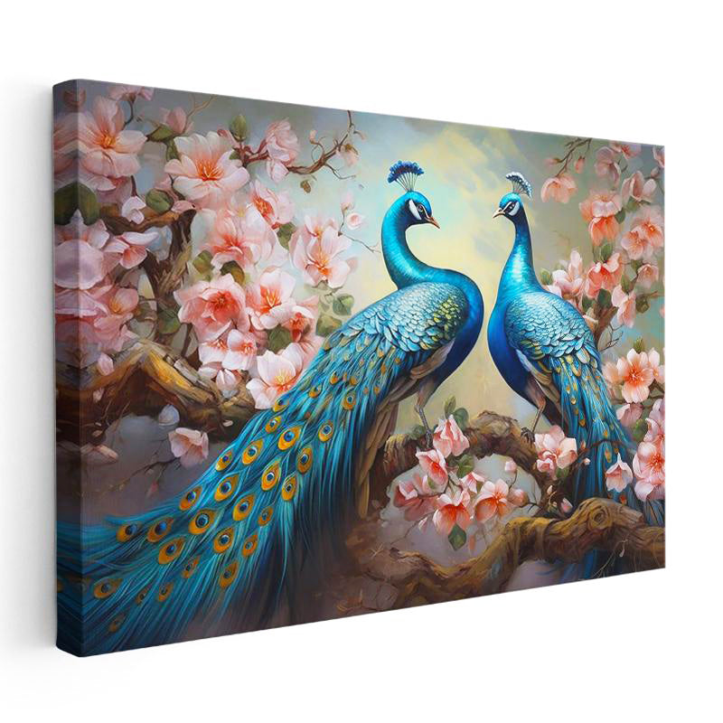 Yatay Kanvas Tablo Çiçekli Dalda Tavus Kuşları Tavus Kuşu Tablosu Ev Ofis Duvar Dekoru