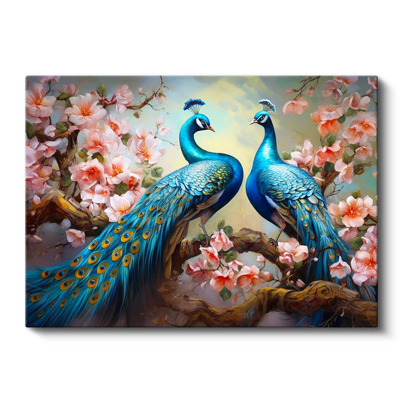 Yatay Kanvas Tablo Çiçekli Dalda Tavus Kuşları Tavus Kuşu Tablosu Ev Ofis Duvar Dekoru