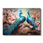 Yatay Kanvas Tablo Çiçekli Dalda Tavus Kuşları Tavus Kuşu Tablosu Ev Ofis Duvar Dekoru