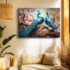 Yatay Kanvas Tablo Çiçekli Dalda Tavus Kuşları Tavus Kuşu Tablosu Ev Ofis Duvar Dekoru