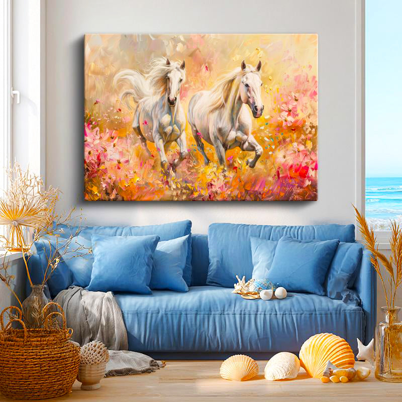 Yatay Kanvas Tablo Sanatsal Çizim Beyaz Atlar At Tablosu Ev Ofis Duvar Dekoru