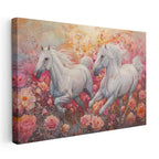 Yatay Kanvas Tablo Pembe Çiçekli Doğa Ve Atlar At Tablosu Ev Ofis Duvar Dekoru