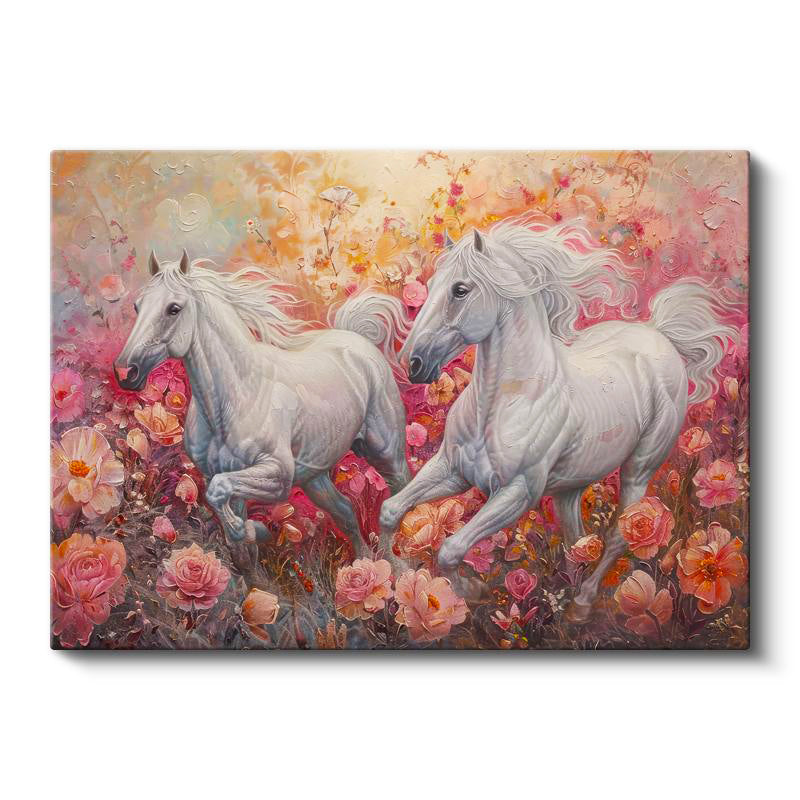 Yatay Kanvas Tablo Pembe Çiçekli Doğa Ve Atlar At Tablosu Ev Ofis Duvar Dekoru