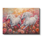 Yatay Kanvas Tablo Pembe Çiçekli Doğa Ve Atlar At Tablosu Ev Ofis Duvar Dekoru