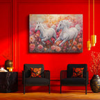 Yatay Kanvas Tablo Pembe Çiçekli Doğa Ve Atlar At Tablosu Ev Ofis Duvar Dekoru