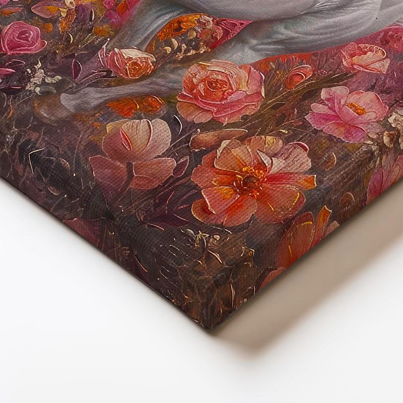 Yatay Kanvas Tablo Pembe Çiçekli Doğa Ve Atlar At Tablosu Ev Ofis Duvar Dekoru