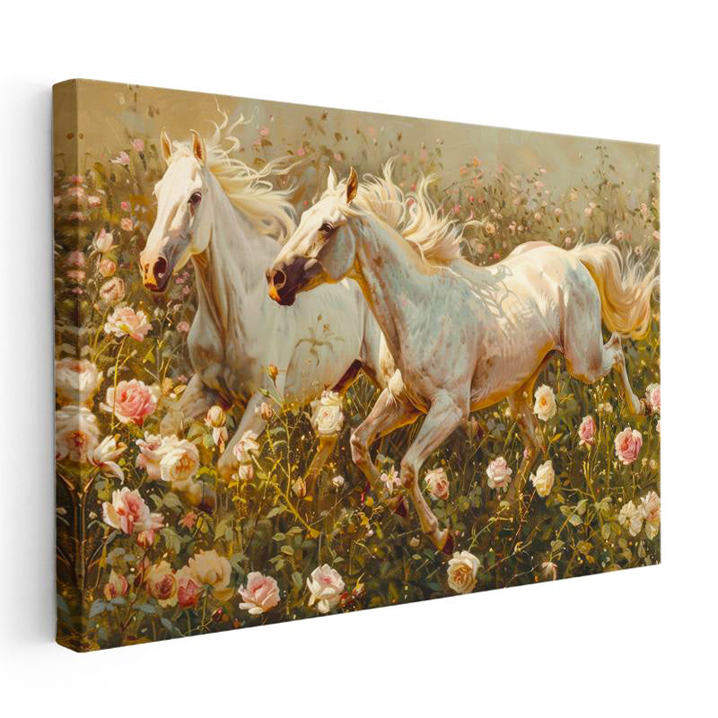 Yatay Kanvas Tablo Gül Bahçesindeki Atlar At Tablosu Ev Ofis Duvar Dekoru