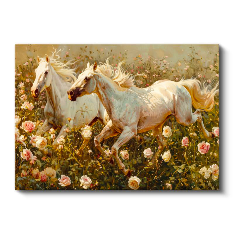 Yatay Kanvas Tablo Gül Bahçesindeki Atlar At Tablosu Ev Ofis Duvar Dekoru
