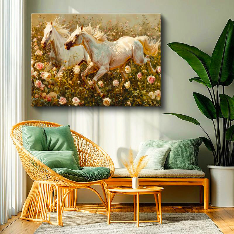 Yatay Kanvas Tablo Gül Bahçesindeki Atlar At Tablosu Ev Ofis Duvar Dekoru