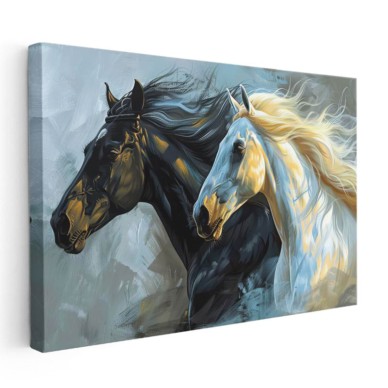 Yatay Kanvas Tablo Yeleli İki At Portresi At Tablosu Ev Ofis Duvar Dekoru