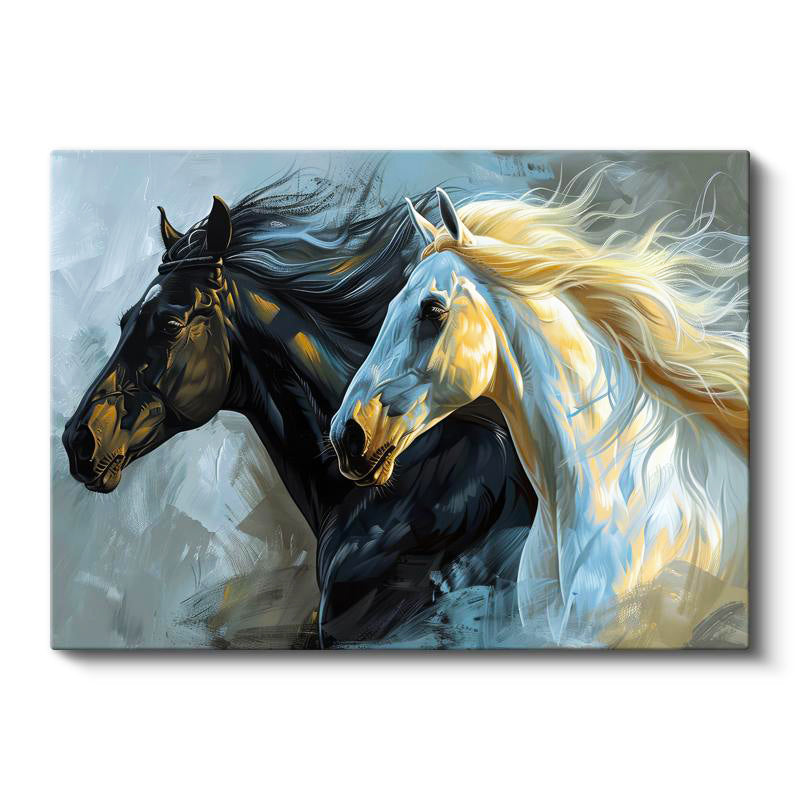 Yatay Kanvas Tablo Yeleli İki At Portresi At Tablosu Ev Ofis Duvar Dekoru
