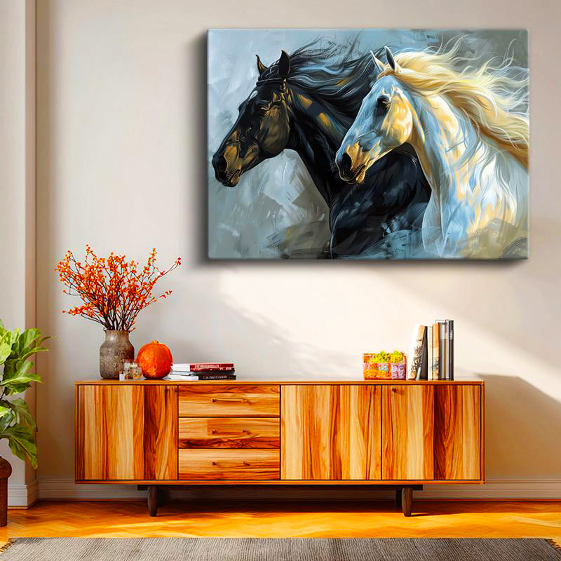 Yatay Kanvas Tablo Yeleli İki At Portresi At Tablosu Ev Ofis Duvar Dekoru