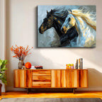 Yatay Kanvas Tablo Yeleli İki At Portresi At Tablosu Ev Ofis Duvar Dekoru