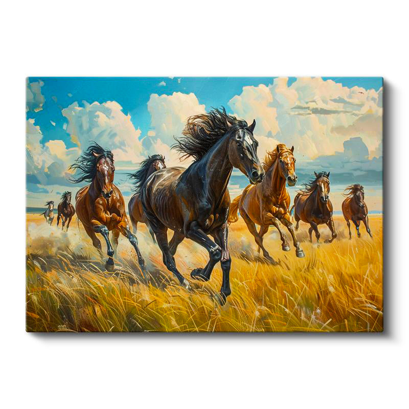 Yatay Kanvas Tablo Sarı Otlar Ve At Sürüsü At Tablosu Ev Ofis Duvar Dekoru