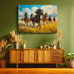 Yatay Kanvas Tablo Sarı Otlar Ve At Sürüsü At Tablosu Ev Ofis Duvar Dekoru