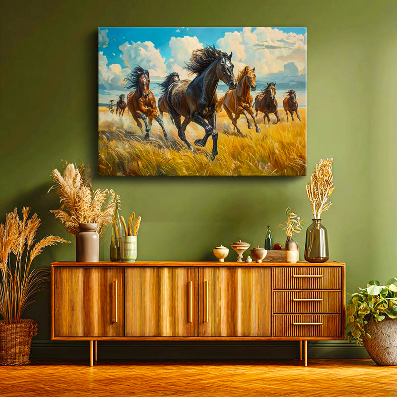 Yatay Kanvas Tablo Sarı Otlar Ve At Sürüsü At Tablosu Ev Ofis Duvar Dekoru