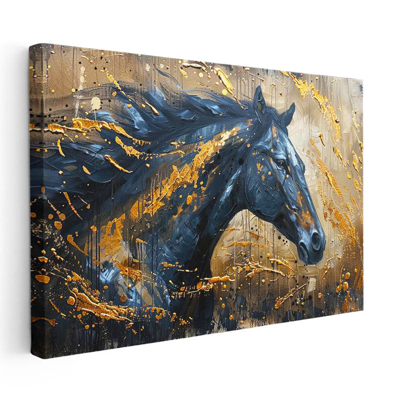 Yatay Kanvas Tablo Altın Boya Efektli Siyah At At Tablosu Ev Ofis Duvar Dekoru
