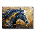 Yatay Kanvas Tablo Altın Boya Efektli Siyah At At Tablosu Ev Ofis Duvar Dekoru
