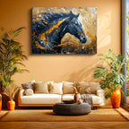 Yatay Kanvas Tablo Altın Boya Efektli Siyah At At Tablosu Ev Ofis Duvar Dekoru