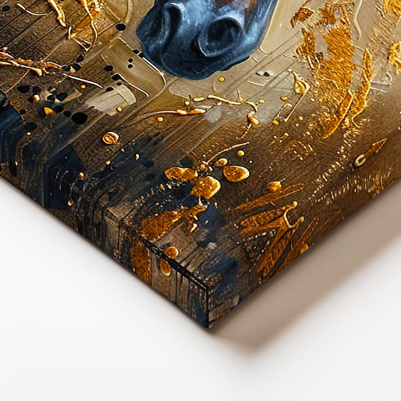 Yatay Kanvas Tablo Altın Boya Efektli Siyah At At Tablosu Ev Ofis Duvar Dekoru