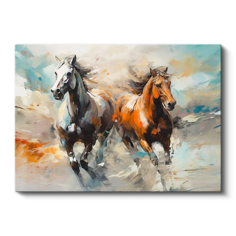 Yatay Kanvas Tablo Fırça Darbeli Koşan İki At At Tablosu Ev Ofis Duvar Dekoru