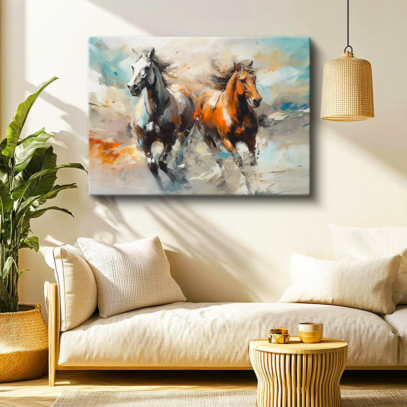 Yatay Kanvas Tablo Fırça Darbeli Koşan İki At At Tablosu Ev Ofis Duvar Dekoru